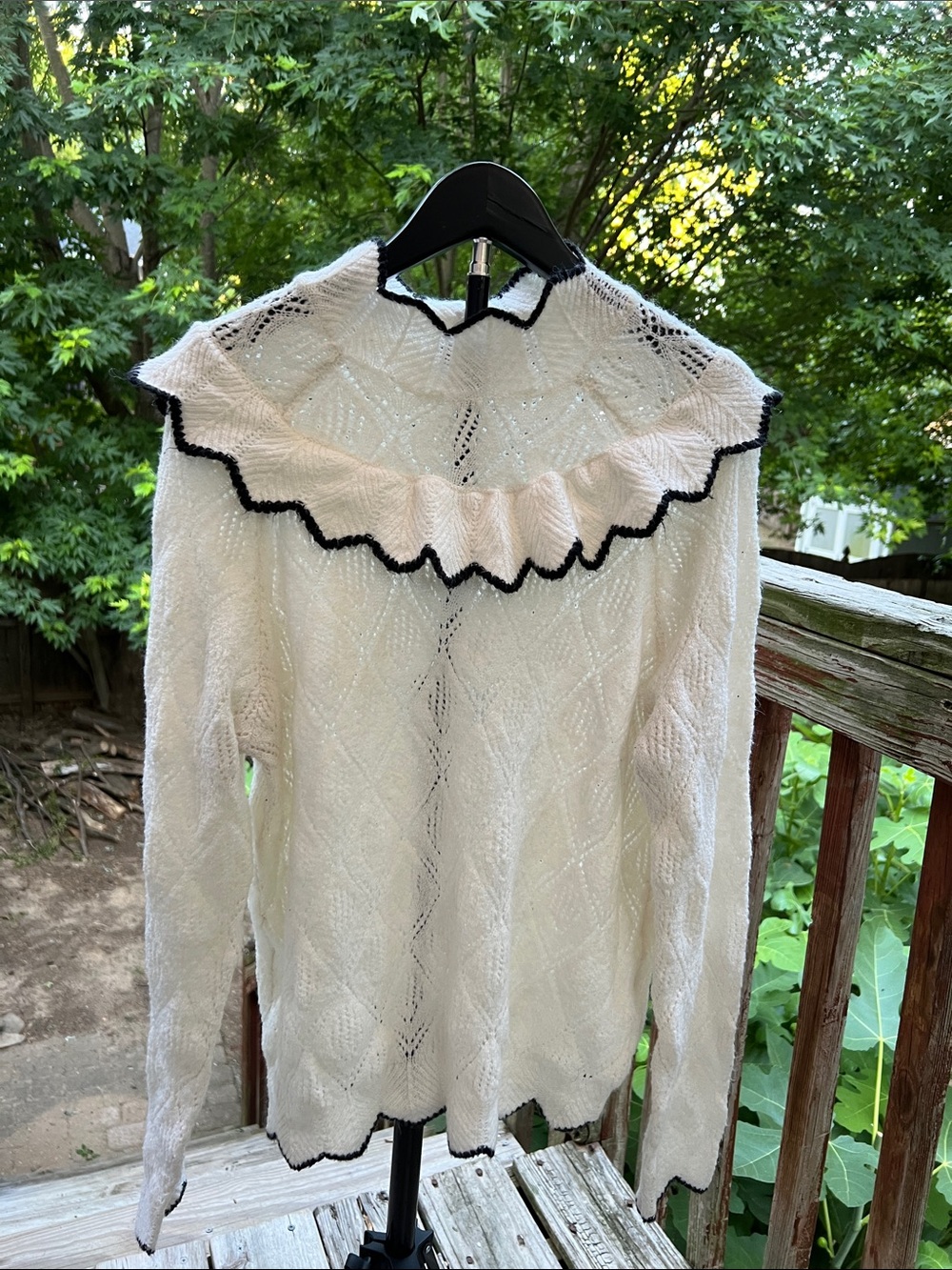 Belldini Delicate Ivory Ruffle Collar Sweater with Black Trim